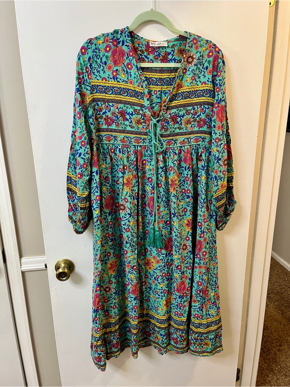 Turquoise Floral Tie-Front Long Sleeve Midi Dress